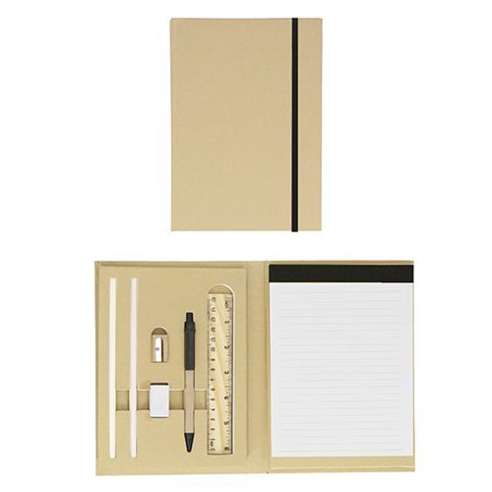 Set ecológico incluye: block de notas con 40 hojas rayadas, sacapuntas, goma, 2 lápices, pluma y regla de madera. imagen